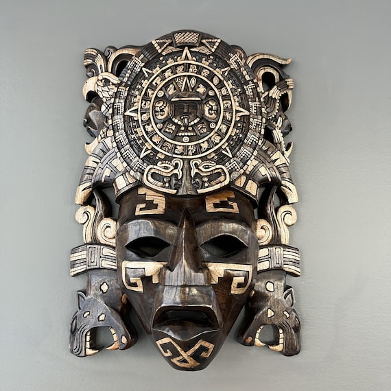 Handcrafted Cedar Aztec Mask: Mayan Wall Decor (16" Height)