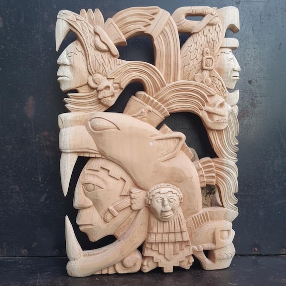 Hand Carved Cedar Mayan Sculpture: Mesoamerican Aztec Art (26x18x2)
