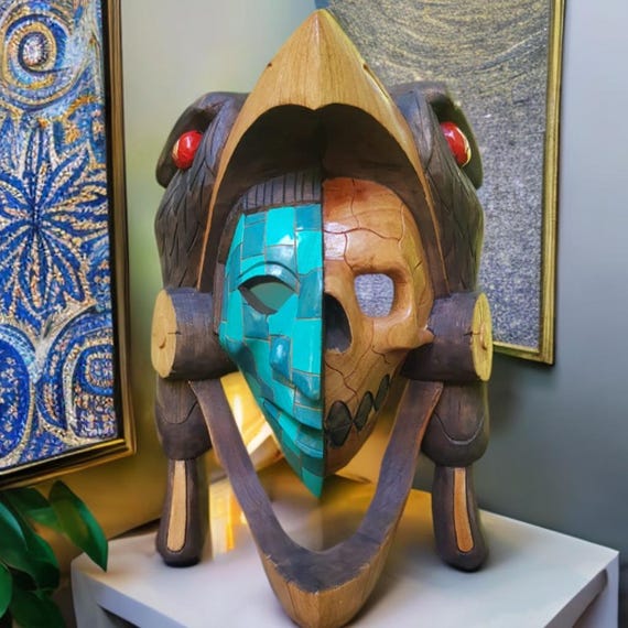Handmade Aztec Eagle Warrior Wooden Mask: Mexican Art Decor