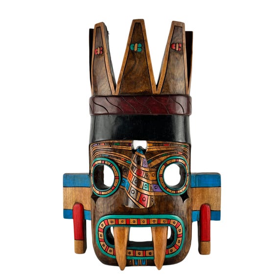 Handcrafted Cedar Wood Mask: Mayan Tlaloc God Wall Art