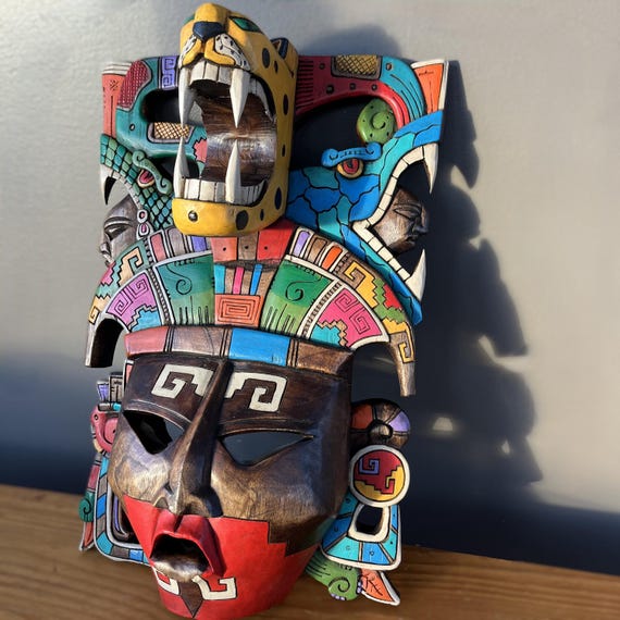 Jaguar and Serpent cedar Mayan mask: Mexico folk Art