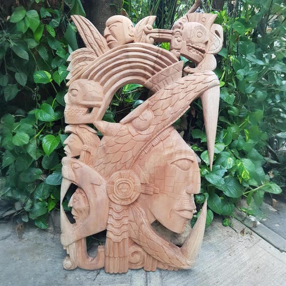 Pakal Serpent Warrior Wood Carving: Aztec Mayan Art, 39"