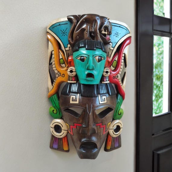 Handcrafted Cedar Wood Mayan Mask: Mexican Wall Art