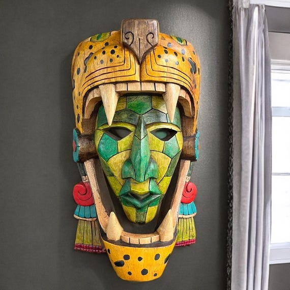 Handcrafted Cedar Mayan Mask: ManBalam Jaguar Warrior