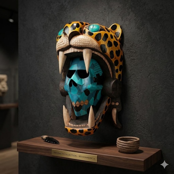 Blue Cedar Skull Mask: Aztec Jaguar Warrior, Mayan Handcrafted Decor