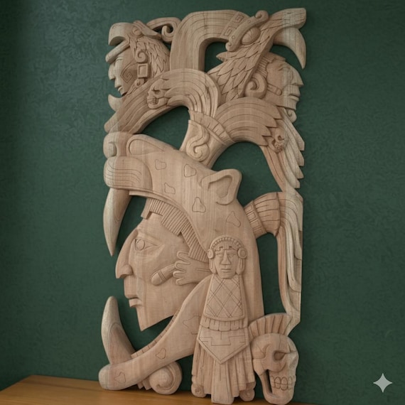 Jaguar Warrior 3D Carving: Aztec Mayan Art, Hand-Crafted Cedar