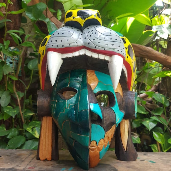 Handcrafted Cedar Jaguar Warrior Mask: Mayan Aztec Wall Decor