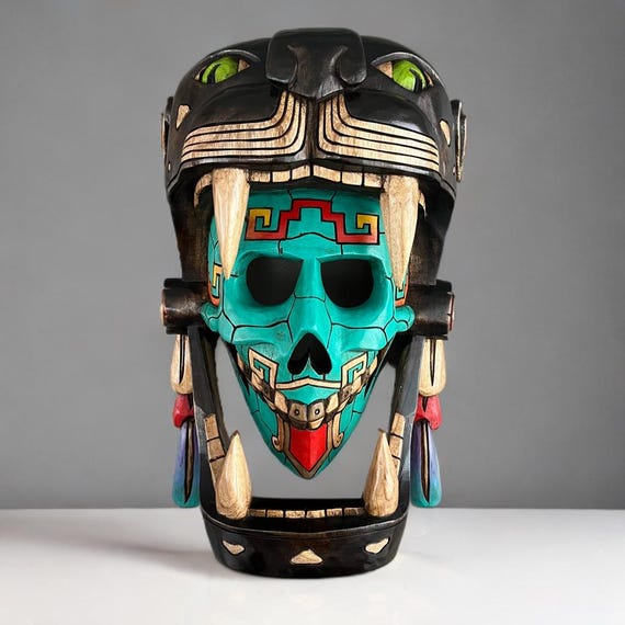 Handcrafted Cedar Wood Mayan Mask: 3D Jaguar Warrior Wall Art