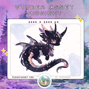 May include: A digital illustration of a dark dragon with starry accents. The dragon has horns, wings, and a long tail. The image includes the text "VTUBER ASSET MIDNIGHT" and "TRANSPARENT PNG". The dragon is set against a purple and white background.