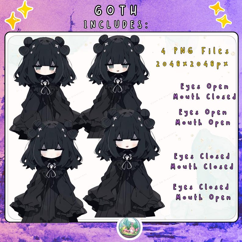May include: Four black goth-themed digital art figures with different facial expressions. The image includes text that says "GOTH INCLUDES: 4 PNG Files 2048x2048 px" and lists the different eye and mouth combinations.