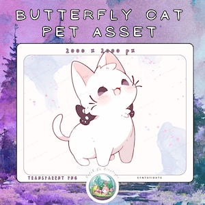 May include: A white cartoon cat with butterfly wings, set against a soft, pastel background. The image includes the text "BUTTERFLY CAT PET ASSET" and "TRANSPARENT PNG". The cat has a happy expression and is part of a digital art asset.