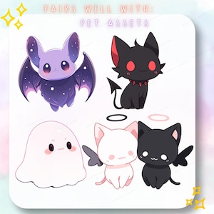 May include: A collection of cute cartoon pet assets, including a purple bat with starry wings, a black cat with red accents, a white ghost, and angel and devil cats. The text "PAIRS WELL WITH: PET ASSETS" is at the top.