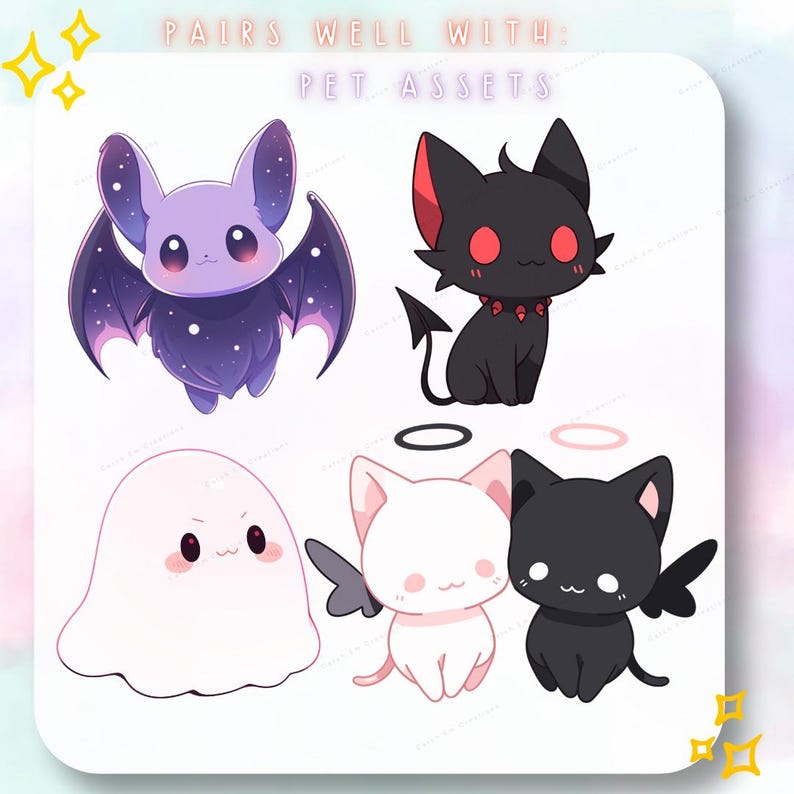 May include: A collection of cute cartoon pet assets, including a purple bat with starry wings, a black cat with red accents, a white ghost, and angel and devil cats. The text "PAIRS WELL WITH: PET ASSETS" is at the top.