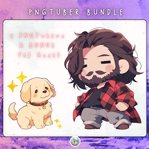 Puede incluir: Paquete de arte digital con un hombre de dibujos animados con barba y un cachorro golden retriever. El hombre lleva una camisa a cuadros roja y negra. El texto dice "PNGTuber Bundle" y "4 PNGTubers & Bonus Pet Asset."