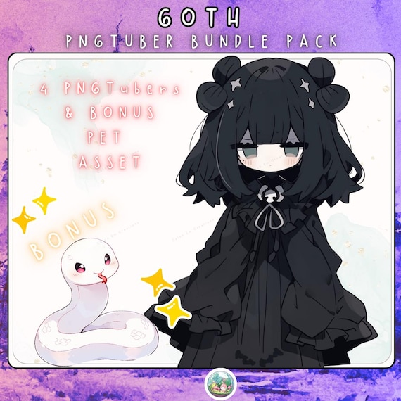 Goth PNGTuber Avatar Bundle, Dark Chibi Streamer Model with Pet, Reactive PNG for Twitch, Veadotube Avatar Download