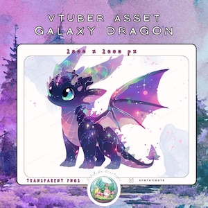 Può includere: Un drago galattico di cartone animato con uno schema di colori viola, blu e rosa. Il drago ha un motivo stellato e un'ampia apertura alare. L'immagine è di 2000 x 2000 pixel ed è un PNG trasparente.