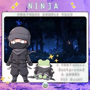 May include: A digital art bundle featuring a ninja and a frog, both in ninja attire, set against a forest backdrop. The text "NINJA" and "PNGTUBER BUNDLE PACK" are displayed at the top. Additional text includes "4 PNGTubers Background & BONUS Pet Asset".