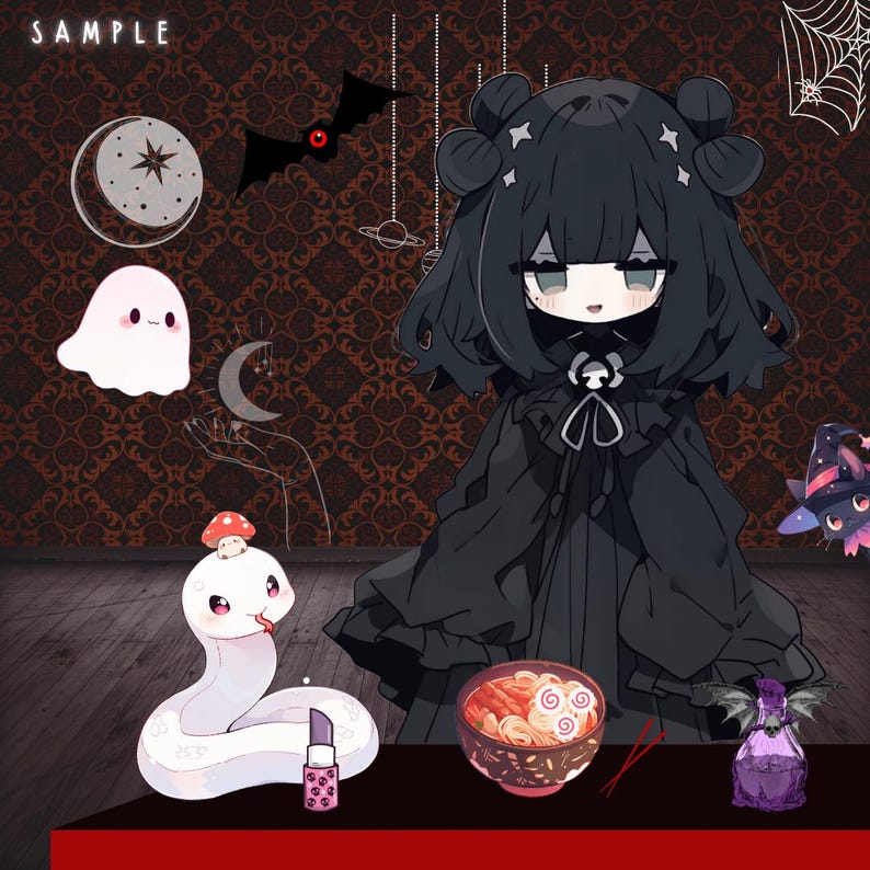 May include: A digital illustration featuring a gothic anime girl in a black dress, surrounded by Halloween-themed elements. Includes a white ghost, a snake with a mushroom hat, a bowl of ramen, and a bat. The word "SAMPLE" is at the top.