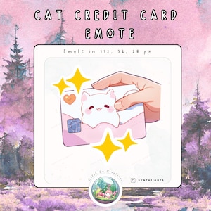 Pode incluir: Ilustração digital de um cartão de crédito com um design de gato branco. O cartão é segurado por uma mão e rodeado por estrelas amarelas. O texto na parte superior diz "CAT CREDIT CARD EMOTE". O cartão tem um esquema de cores rosa e branco.