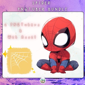 May include: A digital art bundle featuring a chibi-style Spider-Man character in a red and blue suit. The image includes text that reads "SPIDER PNGTUBER BUNDLE" and "4 PNGTubers & Web Asset". A yellow square with a spider web graphic is also present.
