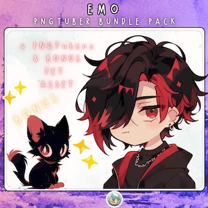 Puede incluir: Gráfico de un paquete de bundle Emo PNGTuber con un personaje de dibujos animados con cabello negro y rojo, un gato negro y el texto "EMO PNGTuber Bundle Pack". Incluye un activo de mascota adicional.