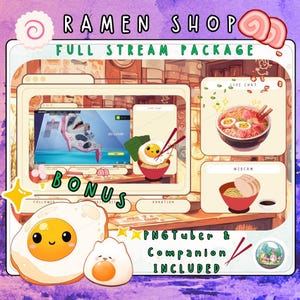 May include: A colorful illustration of a ramen shop with a full stream package for Twitch or YouTube. The image includes a live chat, webcam, and bonus features. The text "RAMEN SHOP FULL STREAM PACKAGE" is at the top of the image. The text "PNGTuber & Companion INCLUDED" is at the bottom of the image.