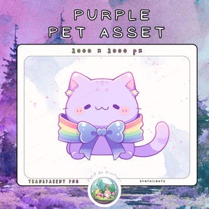 May include: A purple cartoon cat illustration with a rainbow scarf and a large blue bow. The image includes the text "PURPLE PET ASSET" and "2000 x 2000 px". The background is a watercolor wash of purple.