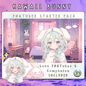 Peut inclure: Illustration numérique d'un Kawaii Bunny PNGTuber Starter Pack. L'image présente un personnage de style anime aux cheveux bleus portant un sweat à capuche de lapin. Des images supplémentaires du personnage et d'un compagnon lapin sont incluses. Le texte dit "Bonus" et "Love PNGTuber & Companion Included."