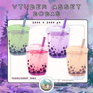 May include: Four illustrated boba tea cups with different colored drinks and tapioca pearls. The cups are green, purple, pink, and beige. The image is labeled "VTUBER ASSET BOBAS 2000 x 2000 px" and "TRANSPARENT PNGS".