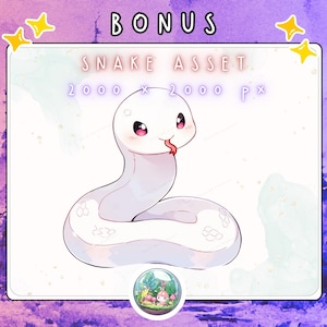 May include: A digital illustration of a white snake with a cute, cartoonish design. The snake has pink cheeks, black eyes, and a red tongue. The image includes the text "BONUS" and "SNAKE ASSET 2000 x 2000 px".