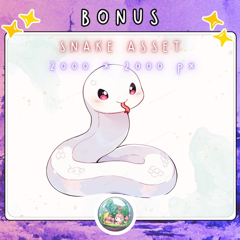 May include: A digital illustration of a white snake with a cute, cartoonish design. The snake has pink cheeks, black eyes, and a red tongue. The image includes the text "BONUS" and "SNAKE ASSET 2000 x 2000 px".