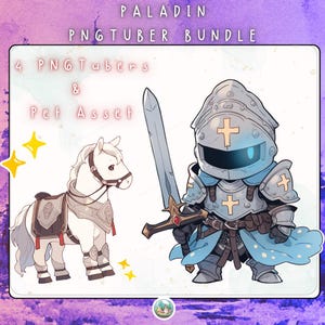May include: Digital art of a Paladin PNGTuber bundle. The image features a cartoon knight in silver armor with a blue cape, holding a sword, and a white horse with armor. Text reads "Paladin PNGTuber Bundle".