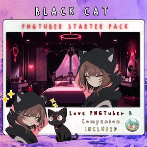Chibi PNGTuber Starter Pack | PNGTuber, Background & Bonus Pet Asset | VTube Studio | Streaming Overlay | Goth Black Cat Twitch Asset Bundle