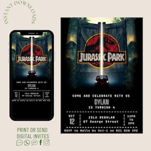 May include: A black and green Jurassic Park themed birthday invitation for a child turning four. The invitation features a black background with a green Jurassic Park logo and a jeep driving through a gate. The text on the invitation reads "Come and celebrate with us Dylan is turning 4" and includes the date, time, and location of the party.
