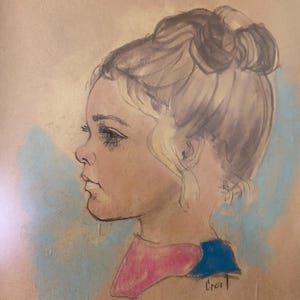 Mid Century Children&#39;s original art signed Portrait of Young Girl blue eyes artist mcm pastel rectangular art wood frame framed 1970’s