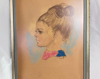 Stunning 1970’s Mid Century Children's Portrait of Young Girl hair in bun blue eyes artist signed mcm pastel art 13.5 x 20” framed