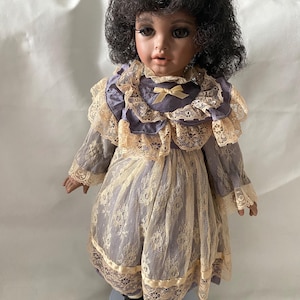 Vintage 1992 African American artist signed vinyl doll beautiful black girl blue dress curly hair MINT condition 19” tall jointed