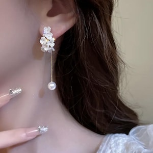 Pearl Bridal Earrings - Long Pearl Earrings, Bridesmaid Gift, Pearl Dangle Earrings, Real Pearl Earrings, Freshwater Pearls, Wedding Jewelry