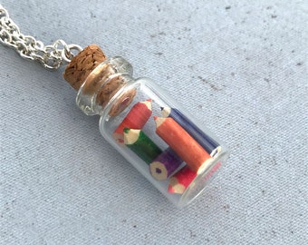 Handmade Crayon Jar Necklace. Dollshouse Pencils. Colouring Pencils Necklace. Miniature Jewellery. Stocking Filler. Stationery Gift
