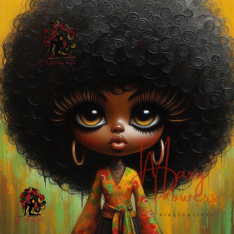 Pu&ograve; includere: Un dipinto di una donna con grandi occhi espressivi e un grande afro. Indossa un vestito colorato con motivi e grandi orecchini a cerchio. Lo sfondo &egrave; un design astratto giallo e verde.