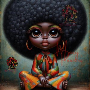 Pu&ograve; includere: Un'illustrazione digitale di una donna nera con occhi grandi, che indossa un abito colorato a motivi e un grande afro. Lo sfondo &egrave; verde testurizzato e sbiadito.