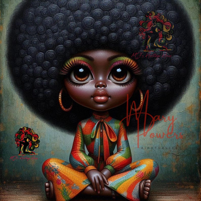 Pu&ograve; includere: Un'illustrazione digitale di una donna nera con occhi grandi, che indossa un abito colorato a motivi e un grande afro. Lo sfondo &egrave; verde testurizzato e sbiadito.