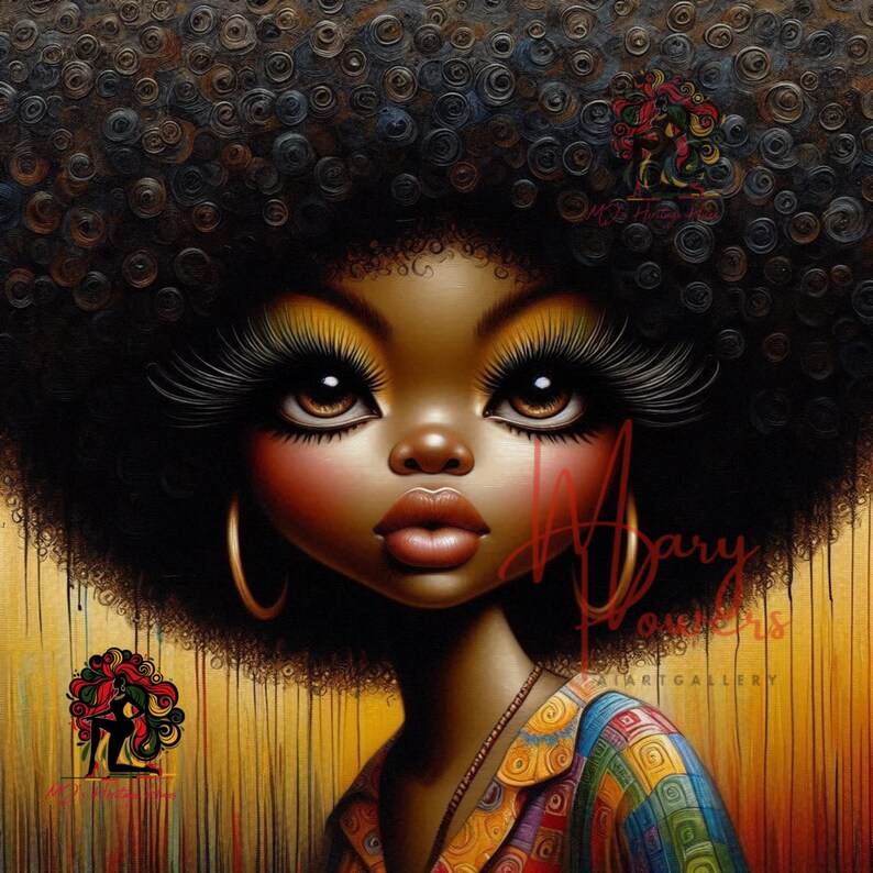 Pu&ograve; includere: Un dipinto di una donna con grandi occhi espressivi e un grande afro. Indossa una camicia con motivi colorati e un orecchino a cerchio dorato. Lo sfondo &egrave; di colore giallo-oro con striature nere.