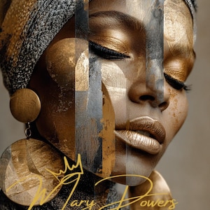 Golden Abstract Afro Art Print – Black Woman Digital Portrait, Modern Texture Wall Art, Metallic Gold & Bronze Download, Luxe Home Decor