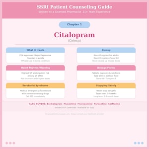 May include: A pink and white informational guide titled "SSRI Patient Counseling Guide." The guide covers Citalopram, including its uses, dosage, and potential side effects. The guide is available as an instant PDF download.