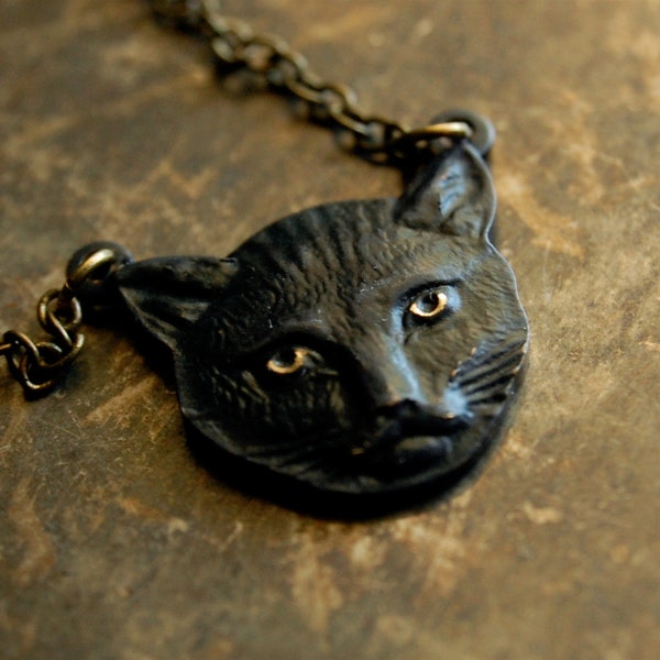 the familiar - eerie black cat brass necklace