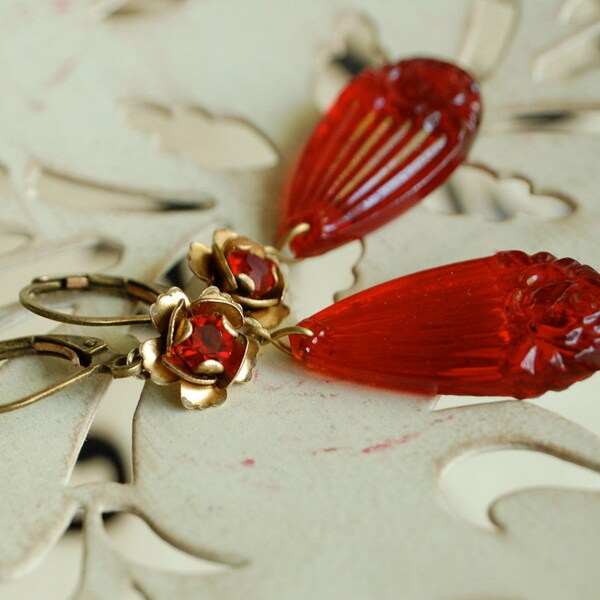 the scarlet rose - vintage pressed glass and layered rhinestone brass rose dangle earrings