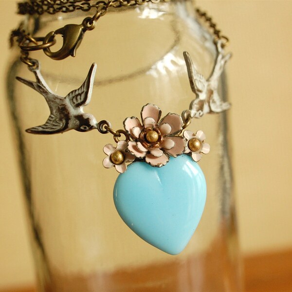 a delicate tattoo (pink on blue) - vintage enamel flower blue glass heart necklace