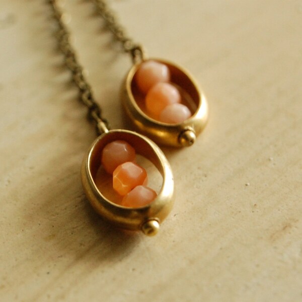 blushing ellipse - delicate faceted pink coral and brass geometric dangle earrings