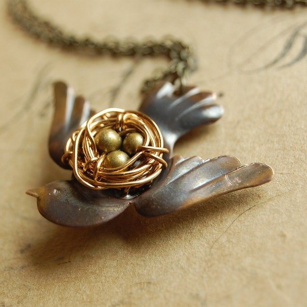 she carries us home-rustic brass bird's nest necklace